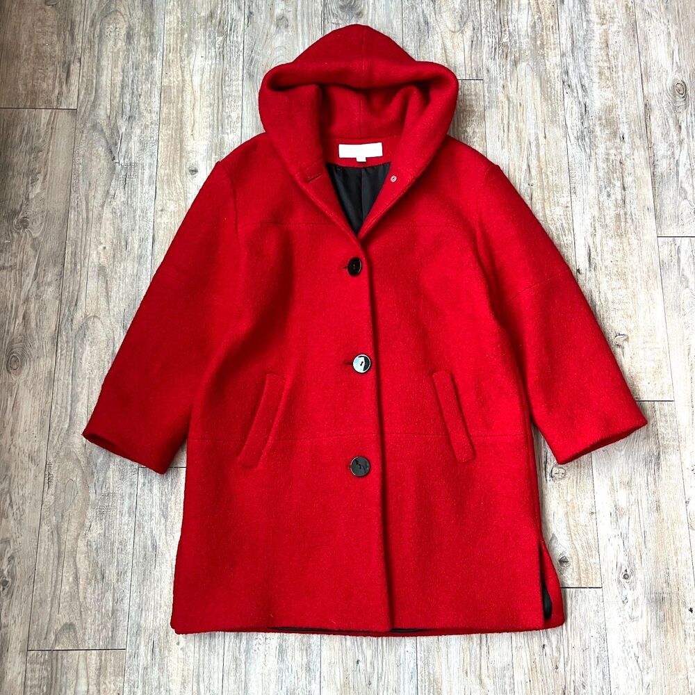 Vintage 100% Wool Coat Women's Large Red Black Christmas Holiday 90s Button